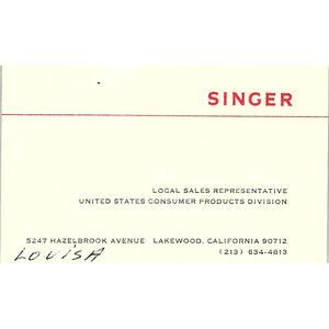 Singer Sales Representative Louisa Lakewood CA Vintage Business Card SSB4-B12